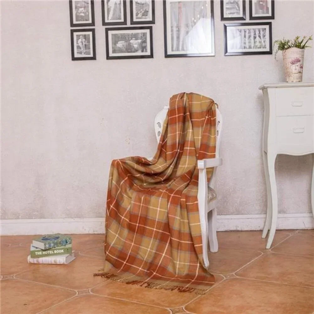 Orange Plaid Blanket Throw Acrylic Soft Reversible Dyed Fringed Bed Blanket Gift